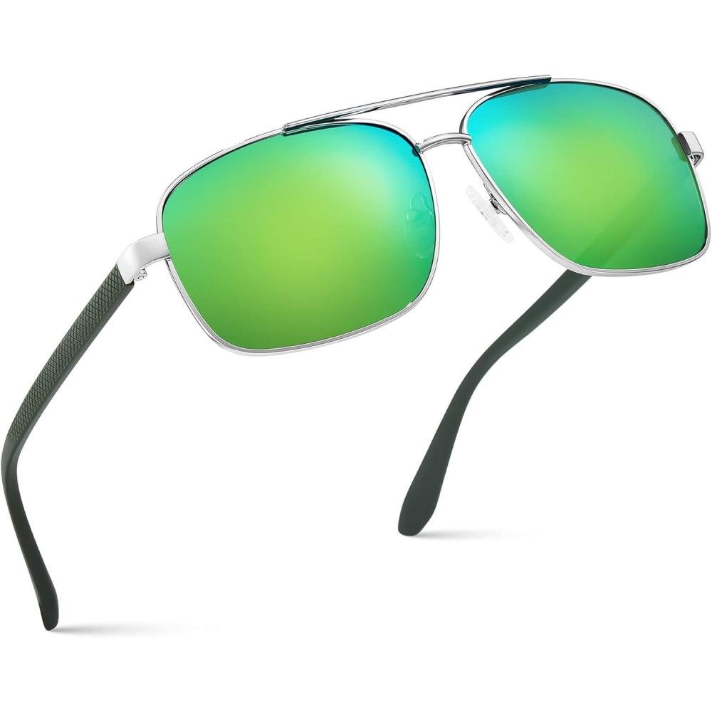 imageXagger Polarized Brow Bar Square Aviator Sunglasses for Men Retro Pilot Military Style Driving Shades UV400Silver Green Temples Green Mirror