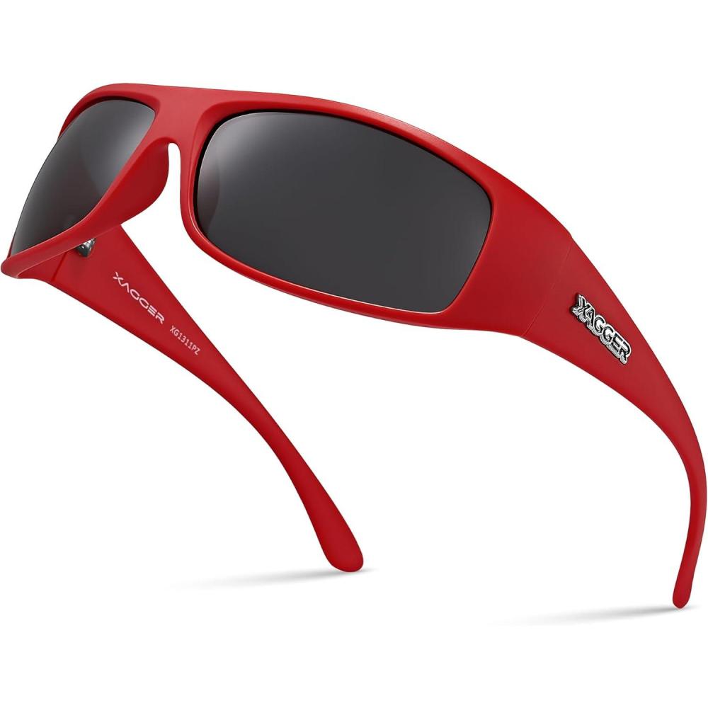 imageXagger Sports Polarized Sunglasses for Men Wrap Around TR90 Frame Sun GlassesMatte Red  Smoke