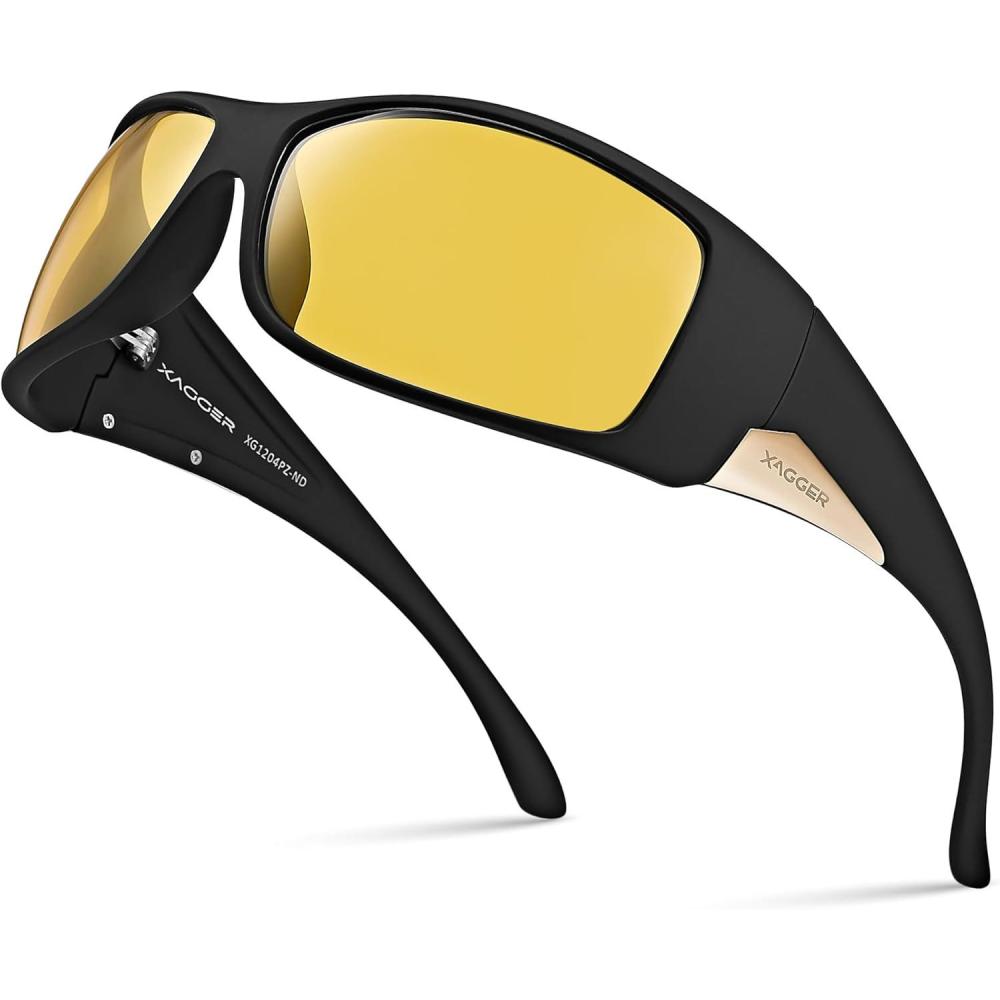 imageXagger Wrap Around Oversized Sport Polarized Sunglasses for Men TR90 Frame Driving Fishing Sun GlassesMatte Black Yellow Night Driving