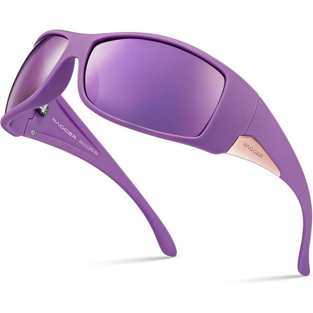 imageXagger Wrap Around Oversized Sport Polarized Sunglasses for Men TR90 Frame Driving Fishing Sun GlassesMatte Purple  Purple Mirror