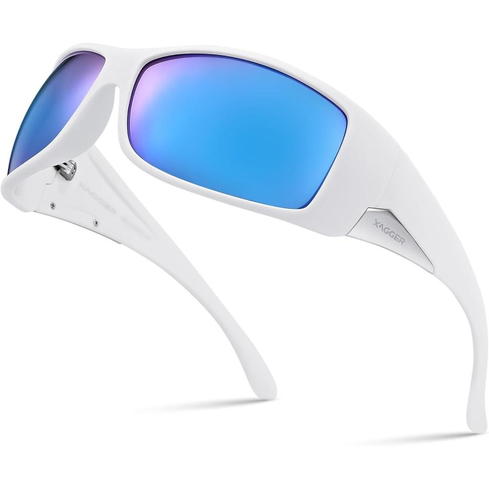 imageXagger Wrap Around Oversized Sport Polarized Sunglasses for Men TR90 Frame Driving Fishing Sun GlassesMatte White Ice Blue Mirror