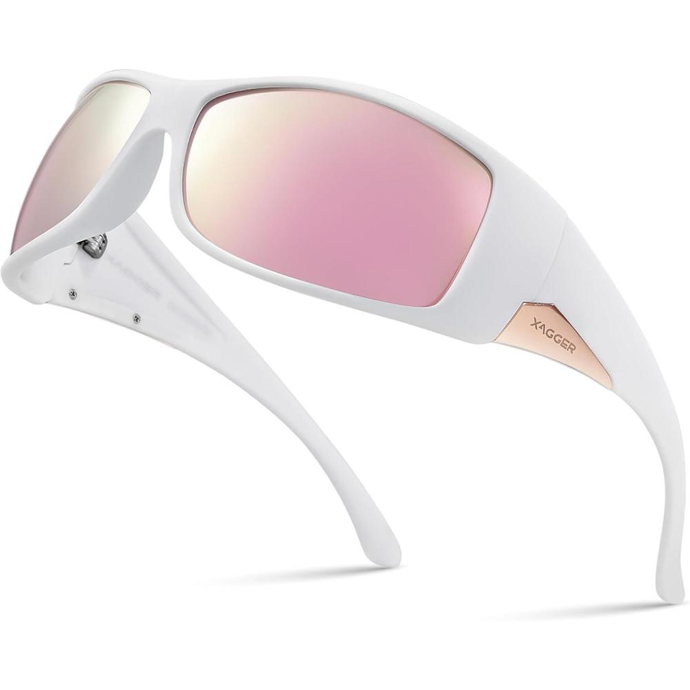 imageXagger Wrap Around Oversized Sport Polarized Sunglasses for Men TR90 Frame Driving Fishing Sun GlassesMatte White Rose Gold Mirror