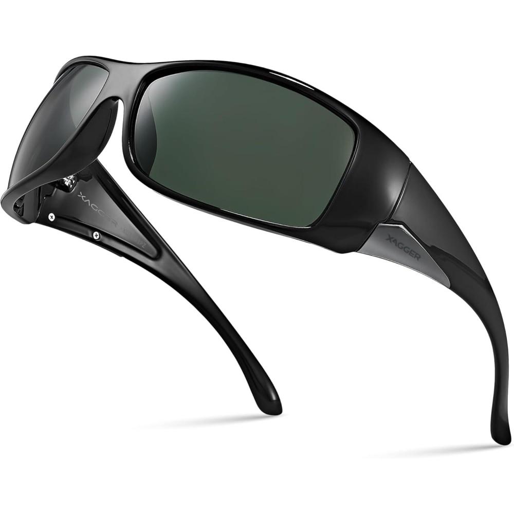 imageXagger Wrap Around Oversized Sport Polarized Sunglasses for Men TR90 Frame Driving Fishing Sun GlassesShiny Black Green