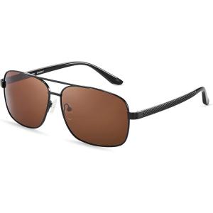 Xagger Polarized Brow Bar Square Aviator Sunglasses for Men Retro Pilot Military Style Driving Shades UV400(Black | Brown)