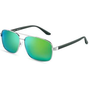 Xagger Polarized Brow Bar Square Aviator Sunglasses for Men Retro Pilot Military Style Driving Shades UV400(Silver – Matte Green Temples | Green Mirror)