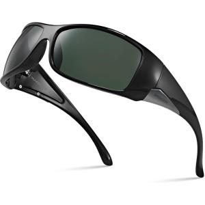 Xagger Wrap Around Oversized Sport Polarized Sunglasses for Men TR90 Frame Driving Fishing Sun Glasses(Shiny Black | Green)
