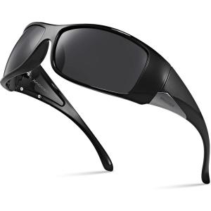 Xagger Wrap Around Oversized Sport Polarized Sunglasses for Men TR90 Frame Driving Fishing Sun Glasses(Shiny Black | Smoke)