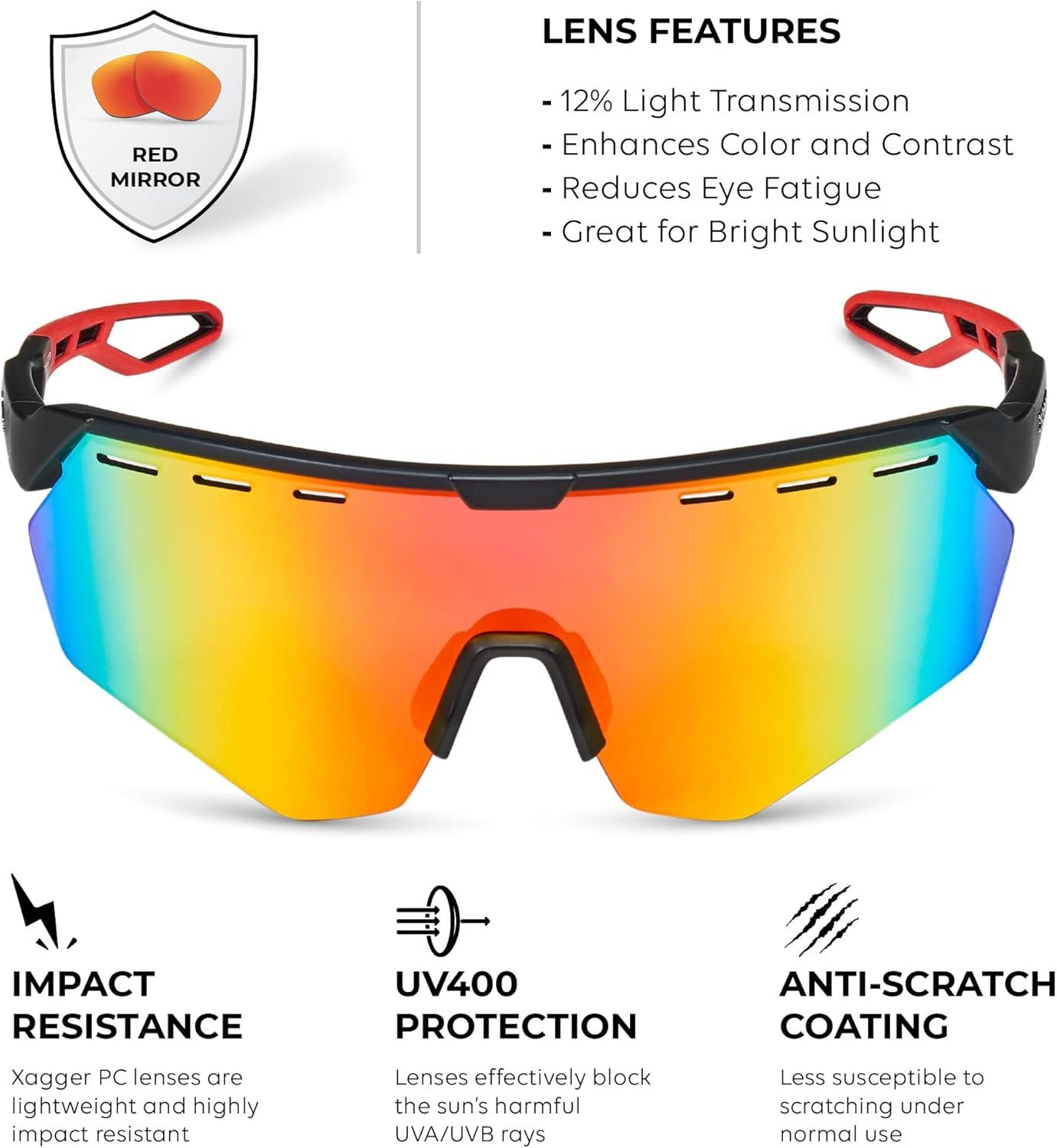 image:imageXagger Sports Sunglasses for Men Women Cycling Baseball Running Sun Glasses UV400 Protection Wrap Around TR90 FrameRubberized Black Red Mirror