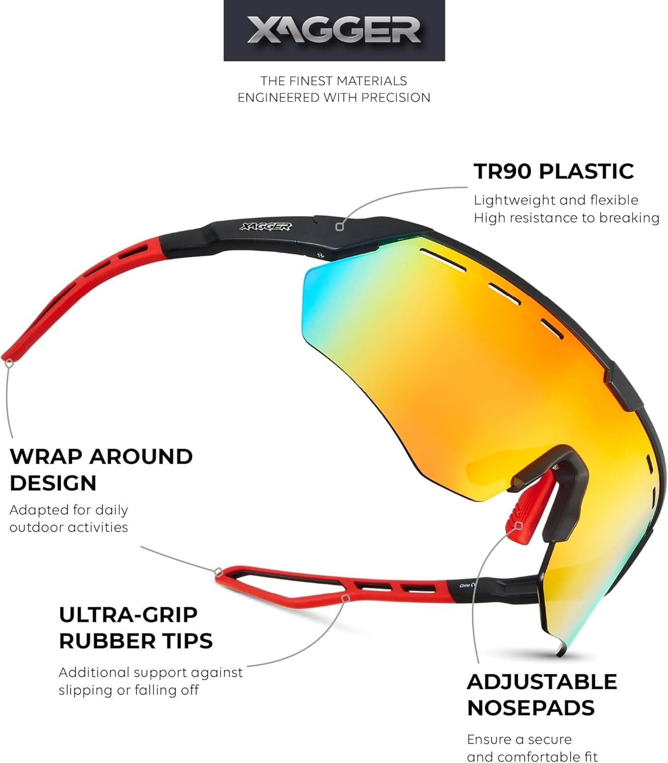 image:imageXagger Sports Sunglasses for Men Women Cycling Baseball Running Sun Glasses UV400 Protection Wrap Around TR90 FrameRubberized Black Red Mirror