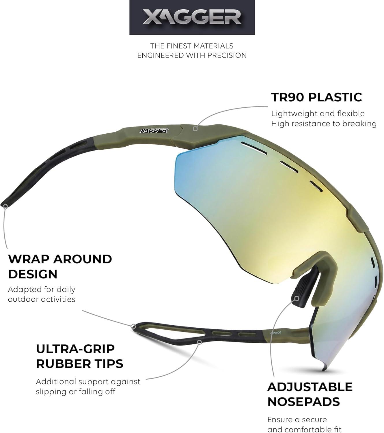 image:imageXagger Sports Sunglasses for Men Women Cycling Baseball Running Sun Glasses UV400 Protection Wrap Around TR90 FrameRubberized Olive Gold Mirror