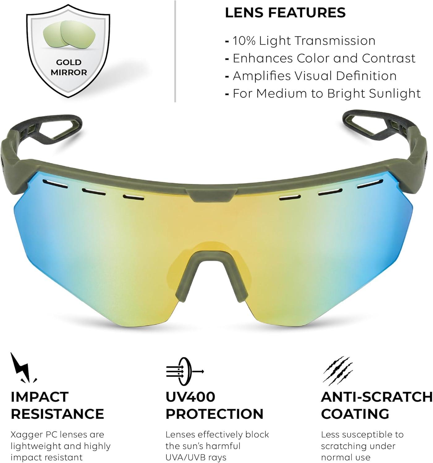 image:imageXagger Sports Sunglasses for Men Women Cycling Baseball Running Sun Glasses UV400 Protection Wrap Around TR90 FrameRubberized Olive Gold Mirror