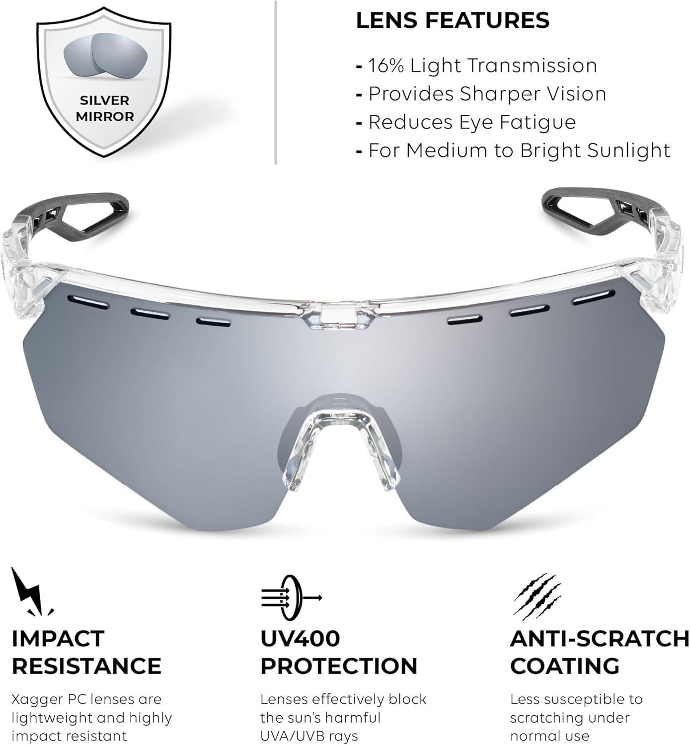 image:imageXagger Sports Sunglasses for Men Women Cycling Baseball Running Sun Glasses UV400 Protection Wrap Around TR90 FrameShiny Transparent Silver Mirror