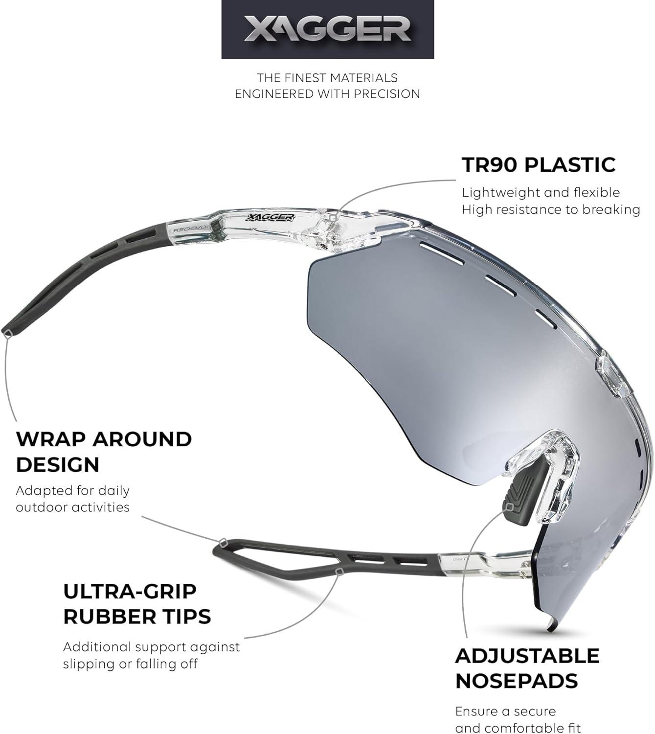 image:imageXagger Sports Sunglasses for Men Women Cycling Baseball Running Sun Glasses UV400 Protection Wrap Around TR90 FrameShiny Transparent Silver Mirror