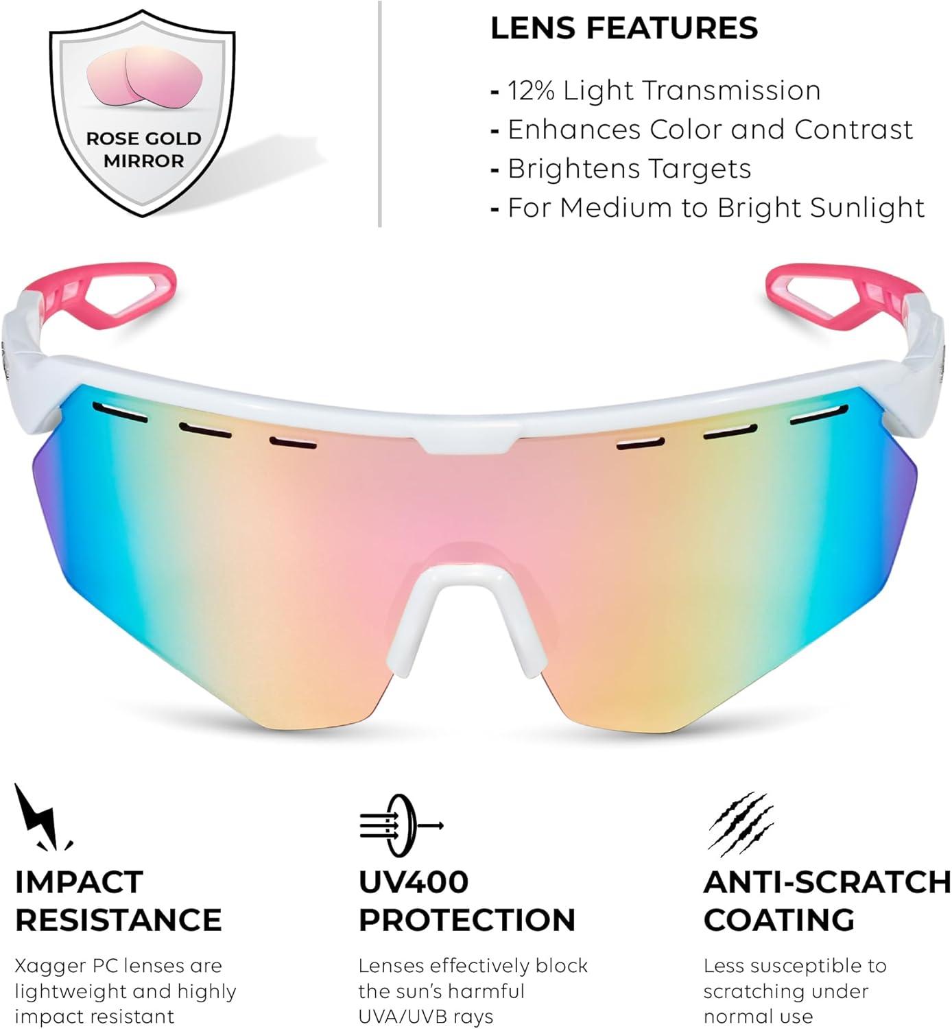 image:imageXagger Sports Sunglasses for Men Women Cycling Baseball Running Sun Glasses UV400 Protection Wrap Around TR90 FrameShiny White Pink Mirror