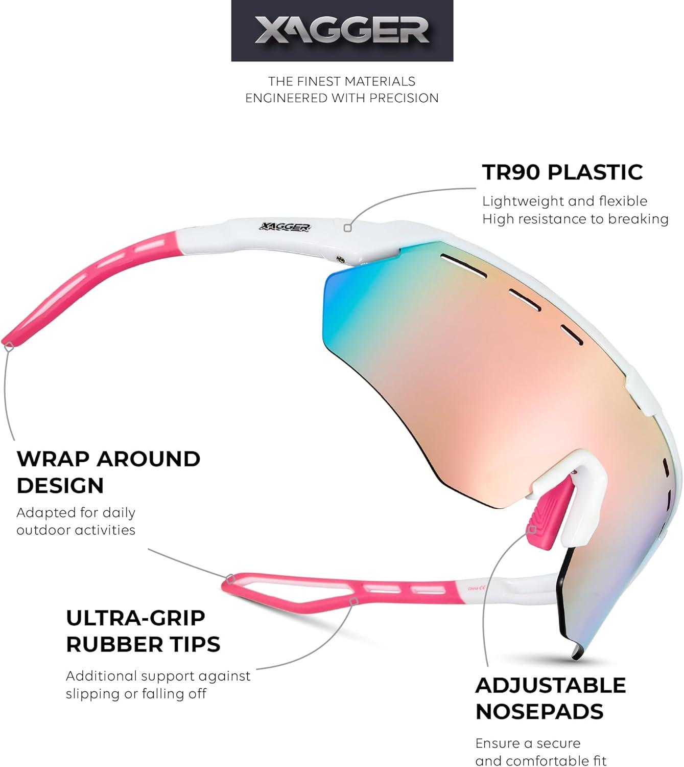 image:imageXagger Sports Sunglasses for Men Women Cycling Baseball Running Sun Glasses UV400 Protection Wrap Around TR90 FrameShiny White Pink Mirror