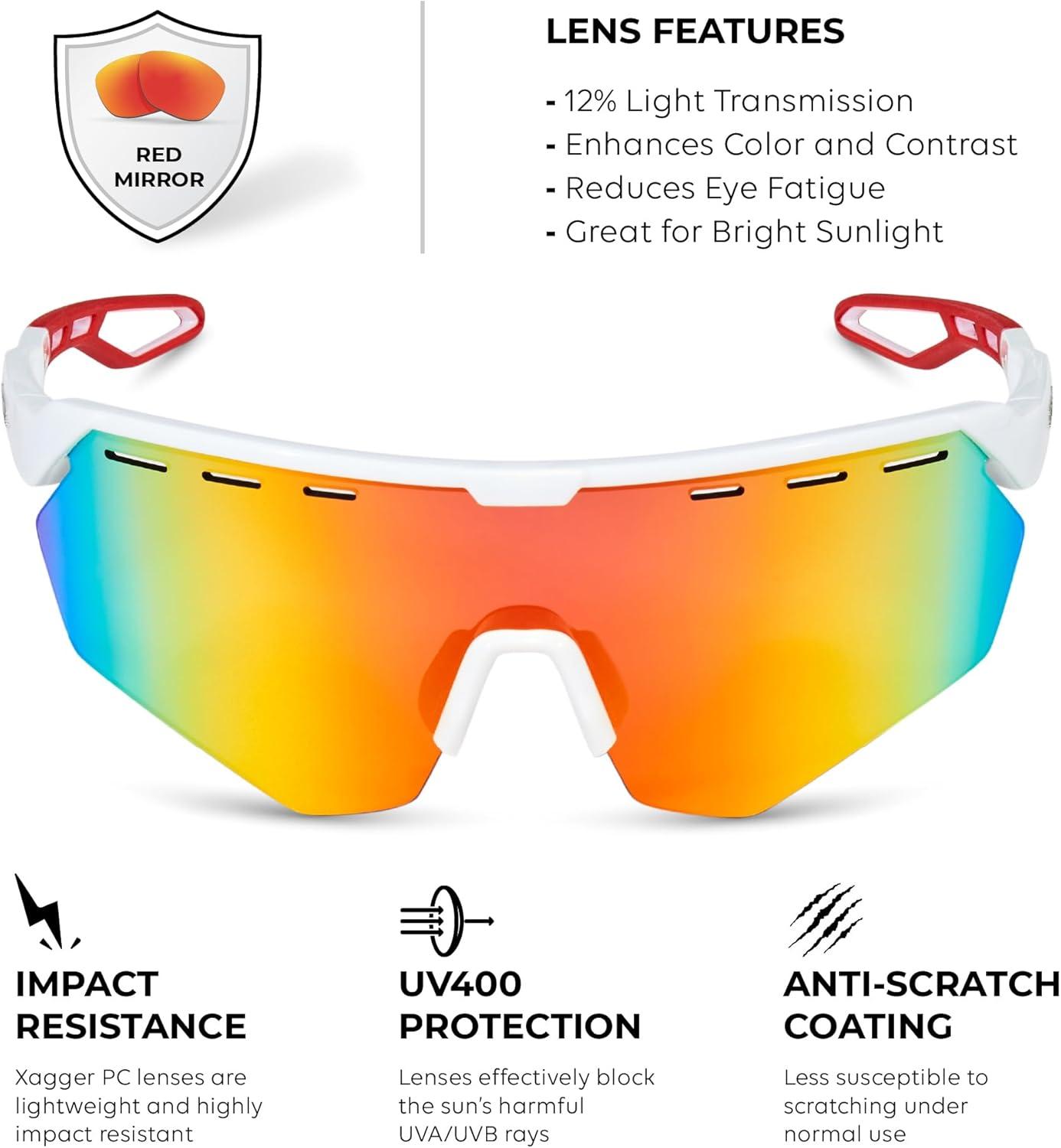 image:imageXagger Sports Sunglasses for Men Women Cycling Baseball Running Sun Glasses UV400 Protection Wrap Around TR90 FrameShiny White Red Mirror