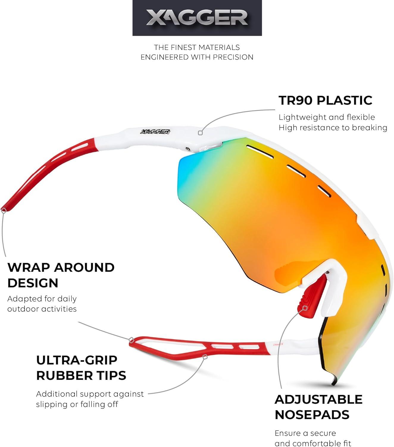 image:imageXagger Sports Sunglasses for Men Women Cycling Baseball Running Sun Glasses UV400 Protection Wrap Around TR90 FrameShiny White Red Mirror