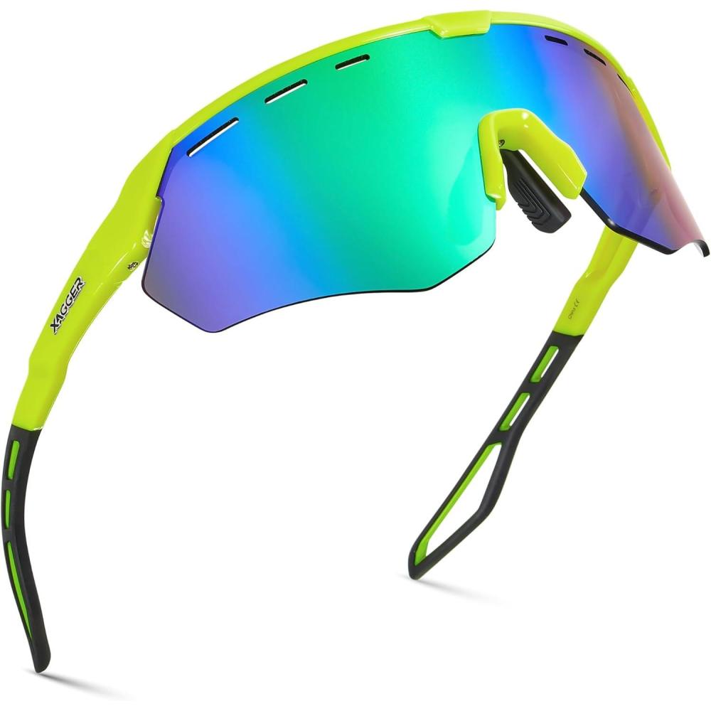 image:imageXagger Sports Sunglasses for Men Women Cycling Baseball Running Sun Glasses UV400 Protection Wrap Around TR90 FrameShiny Neon Green Green Mirror