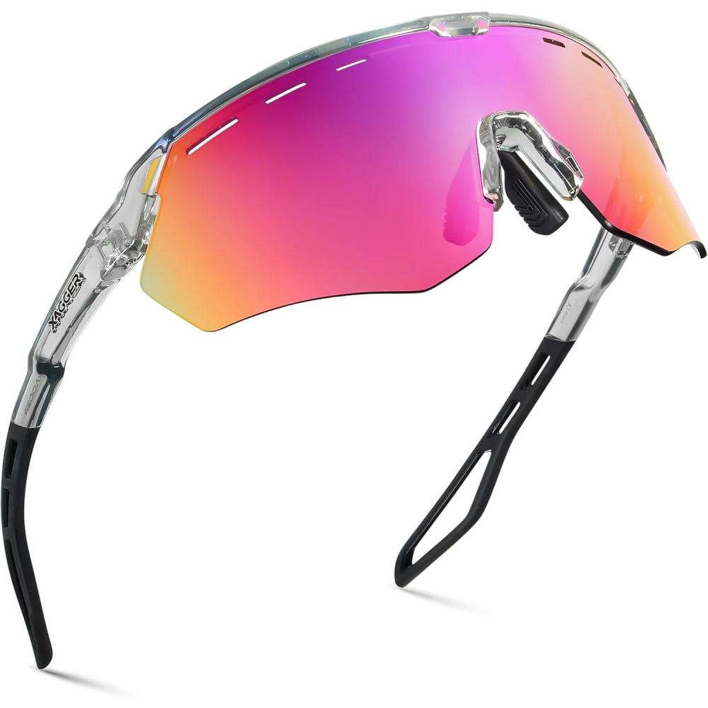 image:imageXagger Sports Sunglasses for Men Women Cycling Baseball Running Sun Glasses UV400 Protection Wrap Around TR90 FrameShiny Transparent Gray  Purple Red Mirror