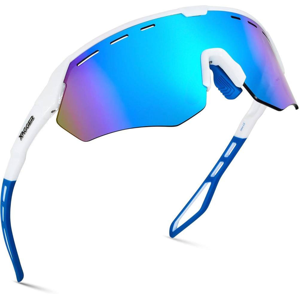 image:imageXagger Sports Sunglasses for Men Women Cycling Baseball Running Sun Glasses UV400 Protection Wrap Around TR90 FrameShiny White Ice Blue Mirror