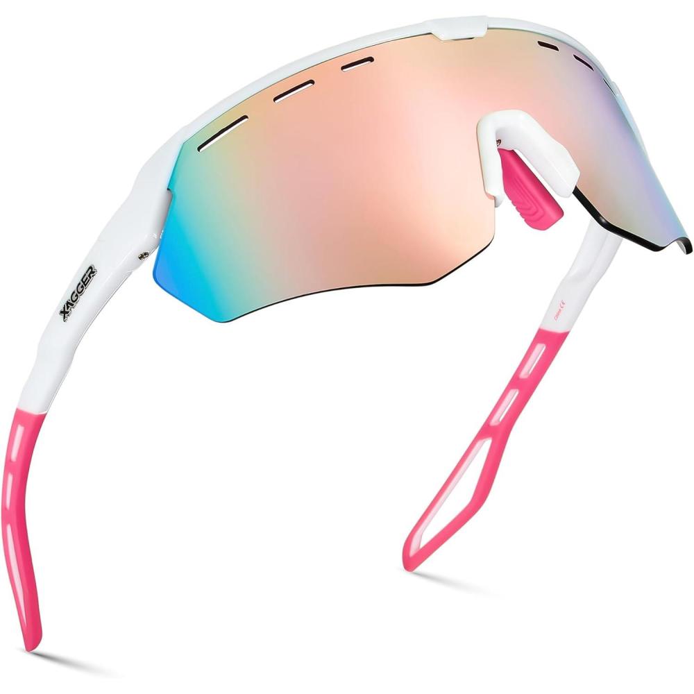 image:imageXagger Sports Sunglasses for Men Women Cycling Baseball Running Sun Glasses UV400 Protection Wrap Around TR90 FrameShiny White Pink Mirror